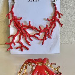 Zara Coral shaped enameled metal summer 2023 beach resort necklace And Bracelet 