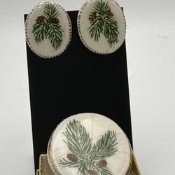 Vintage Porcelain Pine Branches Screw Back Earrings & Brooch / Pin Good Condition 