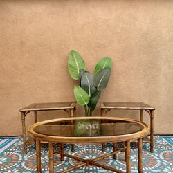 Coffee Table Side End Tables Vintage Mid-Century Modern Retro Smoked Glass Faux Bamboo MCM Antique