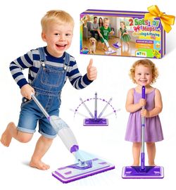 2 Set Toy Mop for Kids - Toddler Real Spray Mop and Flat Floor Mop Montessori Cleaning Toy Set, Educational and Fun Gifts for Boys and Girls Ages 4+