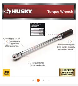 Husky. 3/8 in. Drive Torque Wrench 20 ft./lbs. to 100 ft./lbs.