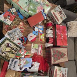 Christmas gift wrapping supplies, boxes, bags, tags, ribbon, gift card holder, new and used.