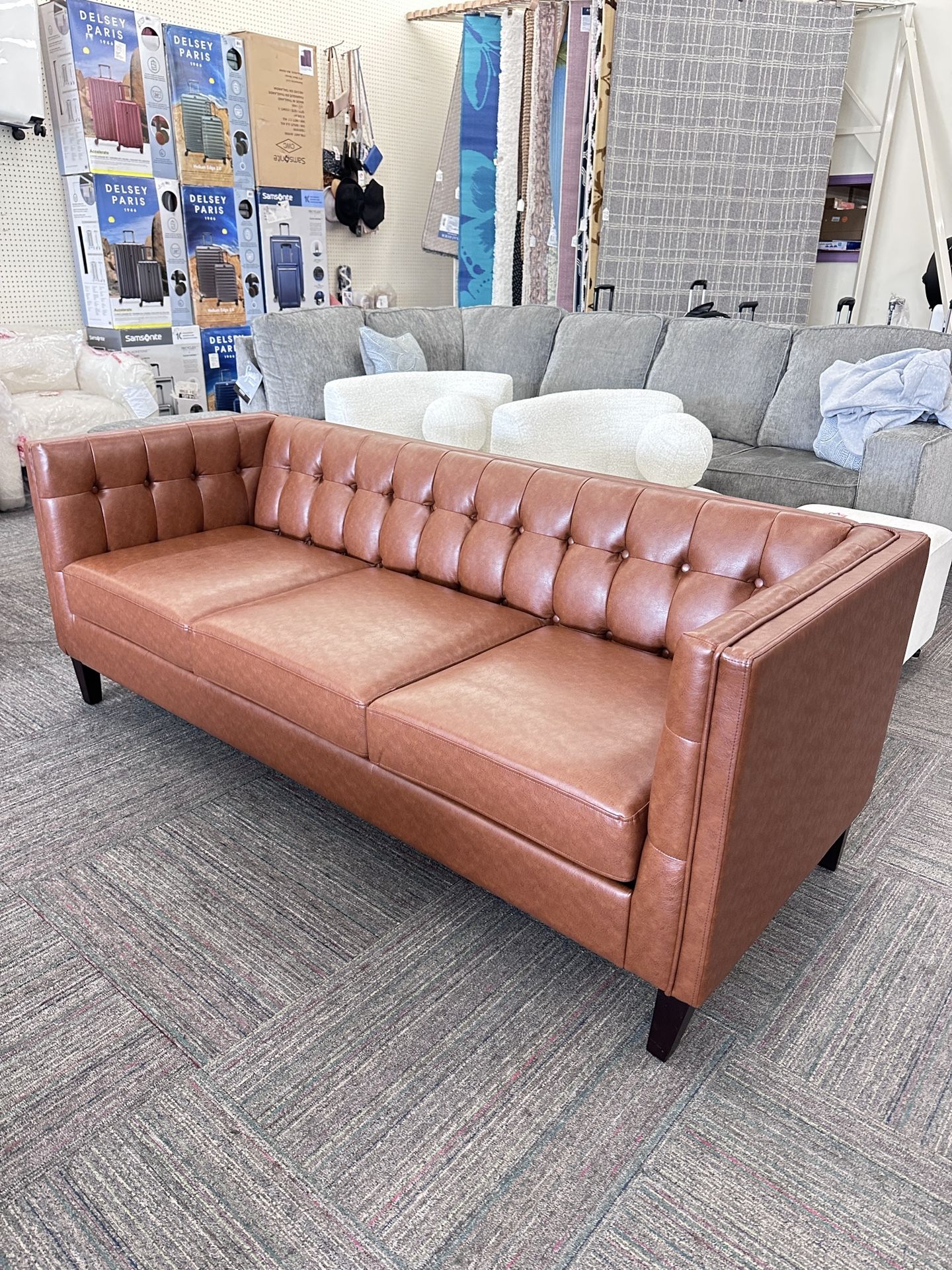 Faux Leather Tufted 3 Seater Sofa, Cognac Brown, New