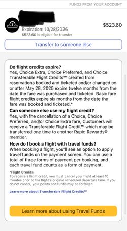 Southwest Transferable Flight Credits