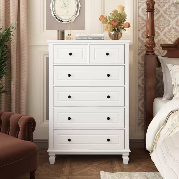 6-Drawers White Wood Chest of Drawers Dresser Vanity Table Storage Cabinet with Wooden Legs 47.4 in. H x 31.5 W x 15.7 D