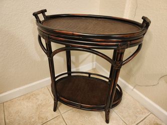 Vintage Dark Rattan & Wicker Oval Bar Cart / Serving Cart – Boho Style
