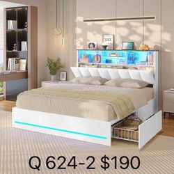 Queen Bed Frame with Bookcase Headboard, Wooden Bed Frame Queen Size with Charging Station, 4 Storage Drawers and LED Lights,(624-2)
