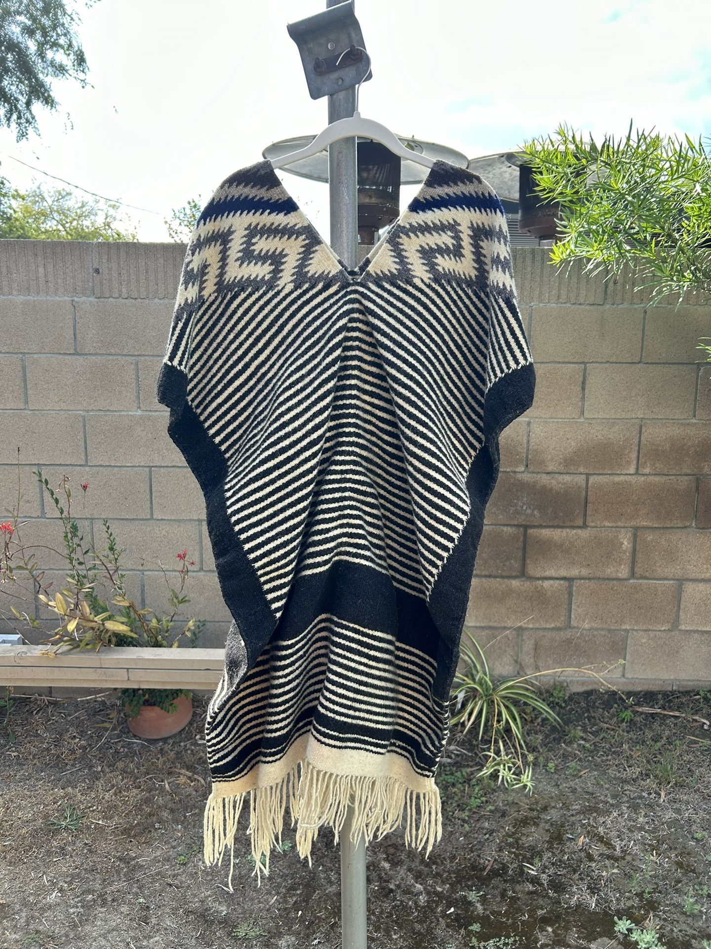 1970s Vintage Mexican Poncho - Striped Wool Heavy