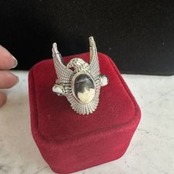 925 Sterling Silver W/ White Buffalo Turquoise Eagle Ring , Size 7, Marked D’Joy 925 , Nice Ring !