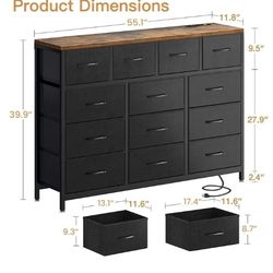 ODK Dresser with Charging Station, 57-Inch Long Dresser TV Stand for Bedroom, Large Dresser with 13 Storage Drawers, Chest of Drawers Easy-Pull Fabric