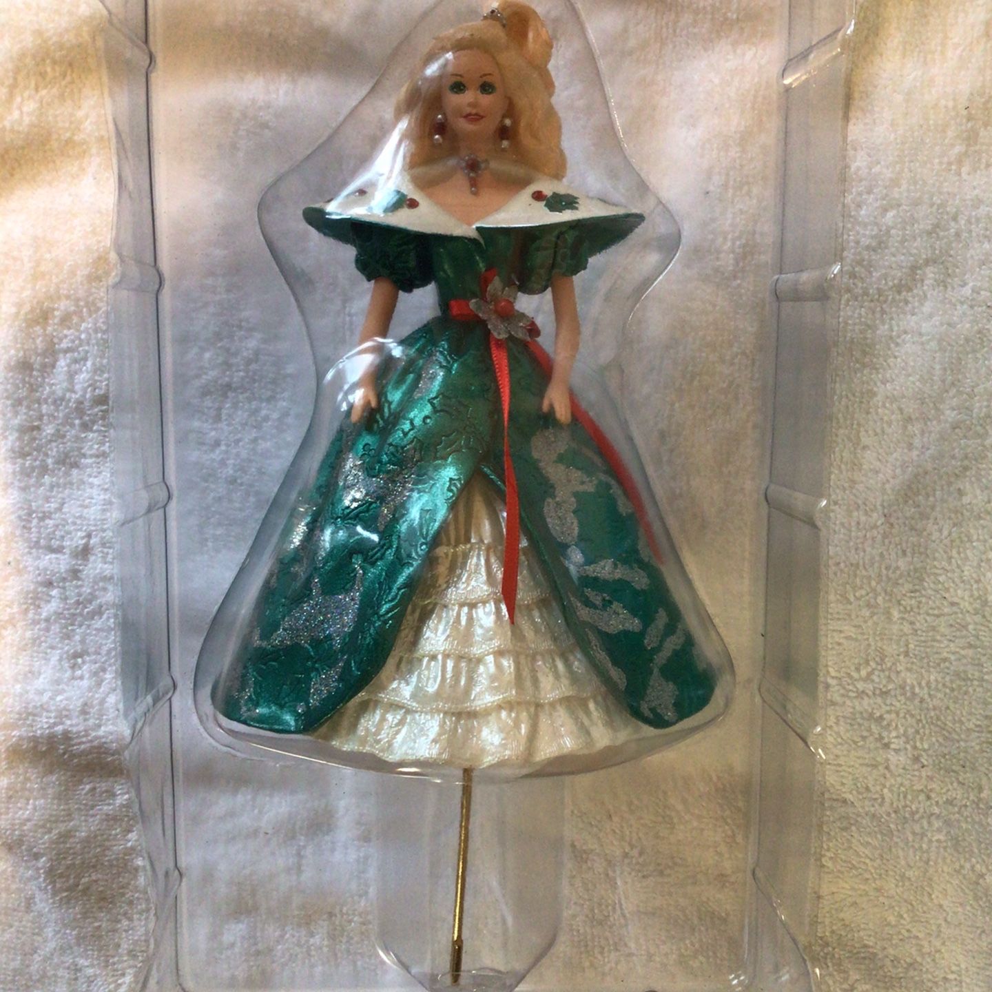 Barbie collectors stocking hanger Holiday Barbie in green dress