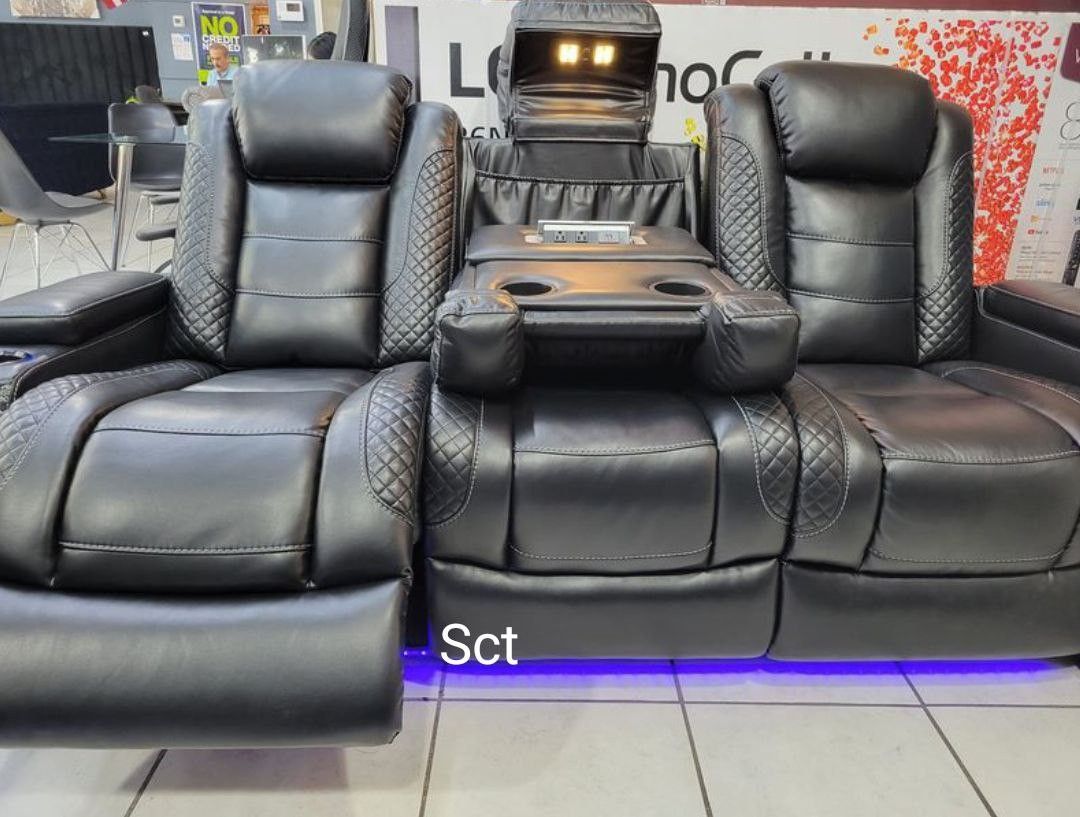 Party Time Midnight LED Power Reclining Living Room Set Sofa And Loveseat 
