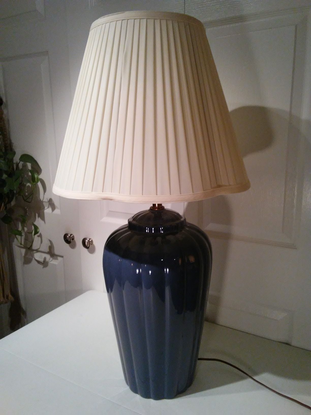 Large Blue Ceramic Ribbed Table Lamp