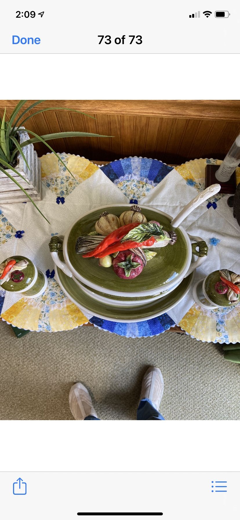 Vintage soup terrine with platter and ladle and salt and pepper shakers