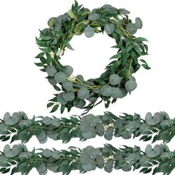 2 Pack 6.5 Feet Each, Artificial Eucalyptus Garland with Eucalyptus Leaves, Faux Greenery Garland for Wedding Party Home Table Runner Arch Decor