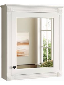 White Wood Medicine Cabinet with Mirror Door