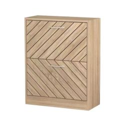 Natural Color 12-Pair Shoe Storage Cabinet with 2-Drawers and 4-Compartments and Wood Grain KF200189US-01PDC-001