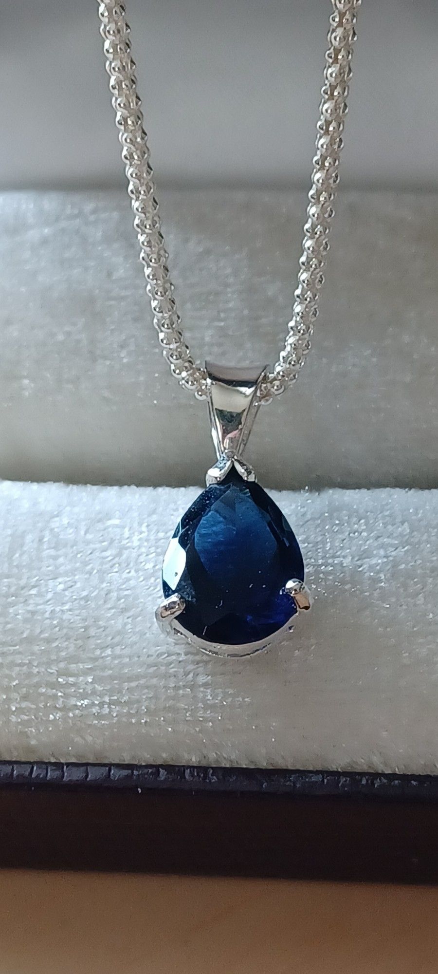 Beautiful Sterling Silver Sapphire Tear Drop Necklace 16" Sterling Silver Chain