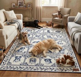 New! 5x7 Washable Area Rug, 20 Distinct Dog Breeds Etching Style Carpet Blue and White Non-Slip Rug for Dog Lovers, Soft Faux Cashmere Rugs for Playro