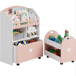 Kids Bookshelf with Drawers, Toy Storage Organizer with Rolling Carts for Playroom