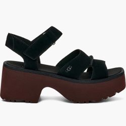UGG New Heights Ankle Strap Sandal Black Suede Platform Wedges, Women’s Size 10