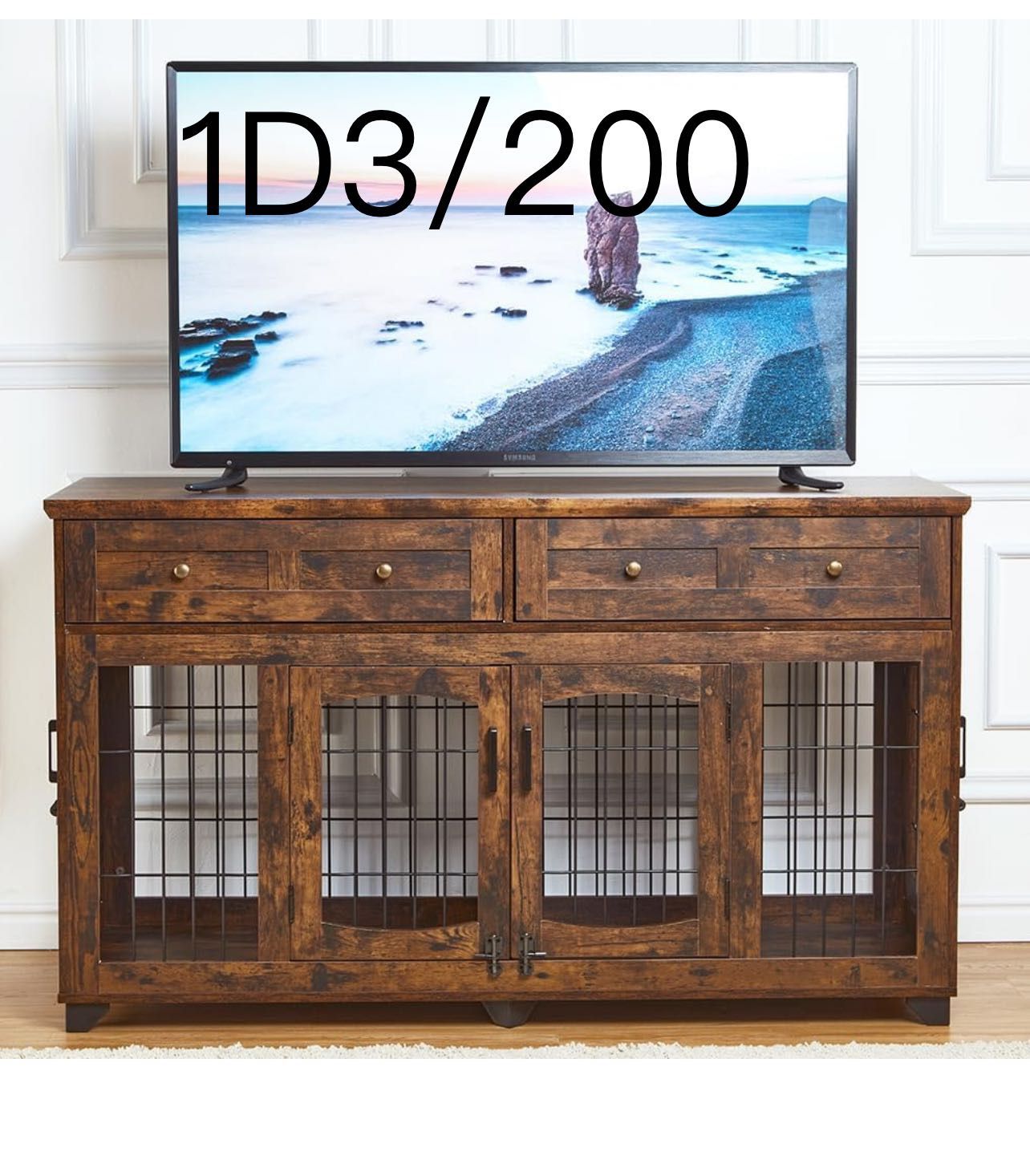Dog Crate Furniture with 5 Doors, 58" Wooden Dog Kennel End Table with Large Capacity Drawers, Dog House with Openable Divider for Small/Medium/Large