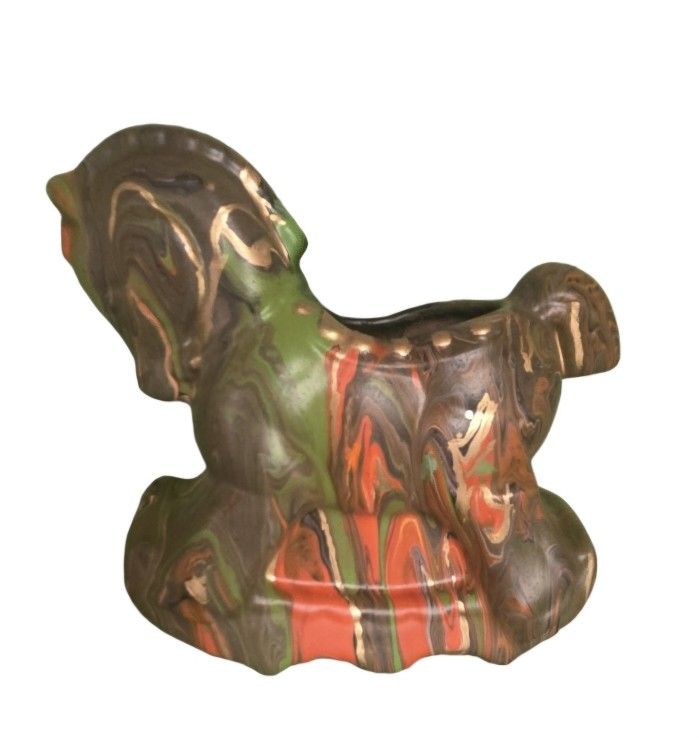 hand painted fluid art hobby horse planter with fall colors funky pattern