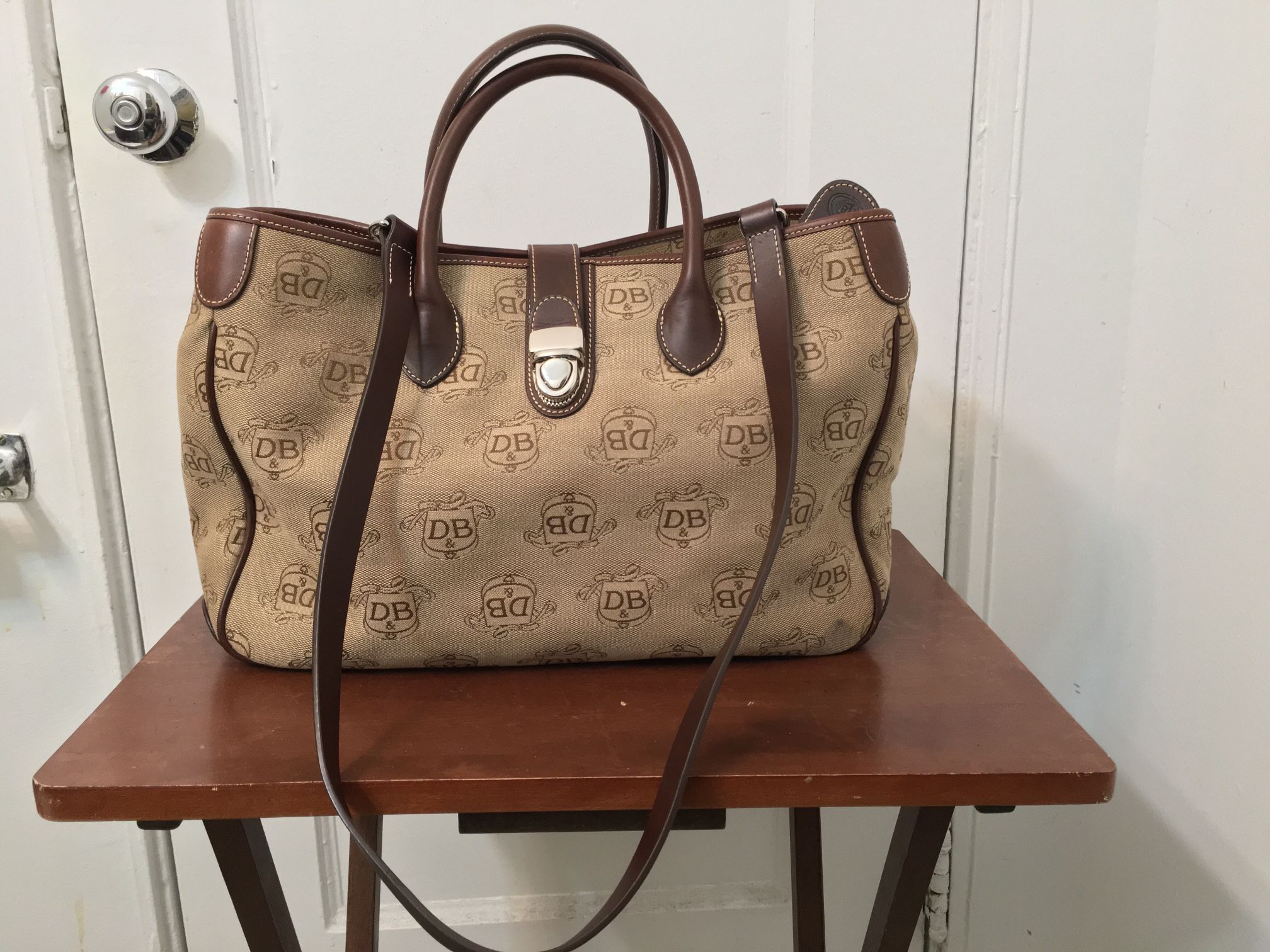 DOONEY BOURKE Double Handle Signature Tan Canvas Leather Trim