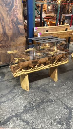 Hand-carved horse console w/ glass top