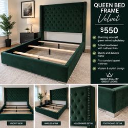 🔥 LUXURY GREEN QUEEN BED + FREE METAL BOXSPRING | $550 🔥