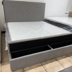 NEW IN BOX Grey Platform Storage Bed Frame King & Queen Size