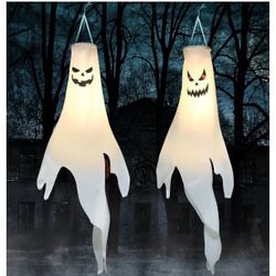 Halloween-Decorations-Outdoor Hanging-Ghost Windsocks for Trees with Timer, LED Ghosts to Hang in Tree Porch Yard, Waterproof, Timer,2 Pcs (No Batteri