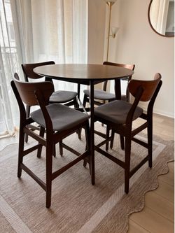 Mid-century Counter Height Dining Set – Walnut / Gray Fabric