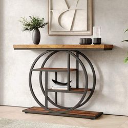 Tribesmen 41.3 Entryway Table, Circular Base, Narrow Wood Console with Storage Shelves