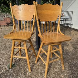 Pair Of Vintage Wooden Swivel Chairs Bar Height