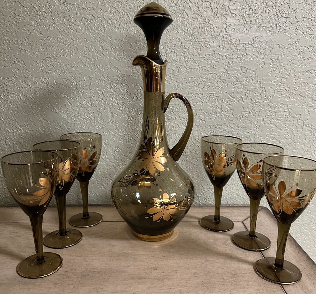 Antique Wine Decanter & Glasses 24K Gold Trim