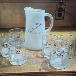 RARE VTG B.C. Comics Frosted Pitcher and Set of Rock Glasses