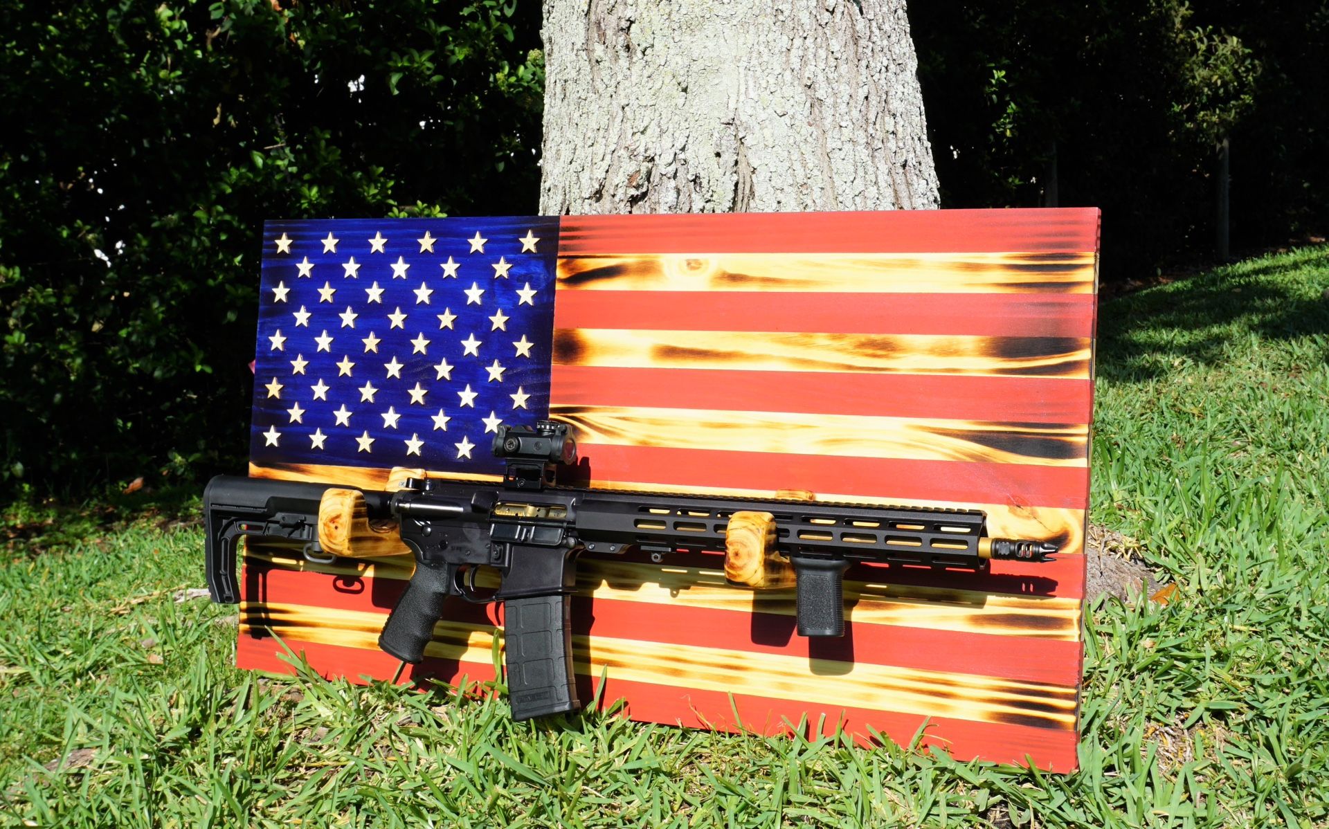 Wooden Rustic American Flag with Gun Rack Handmade 36” x...