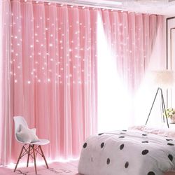 2 Pink Panel Star Blackout Curtains Sunlight comes Thru the Stars  52x96L each 