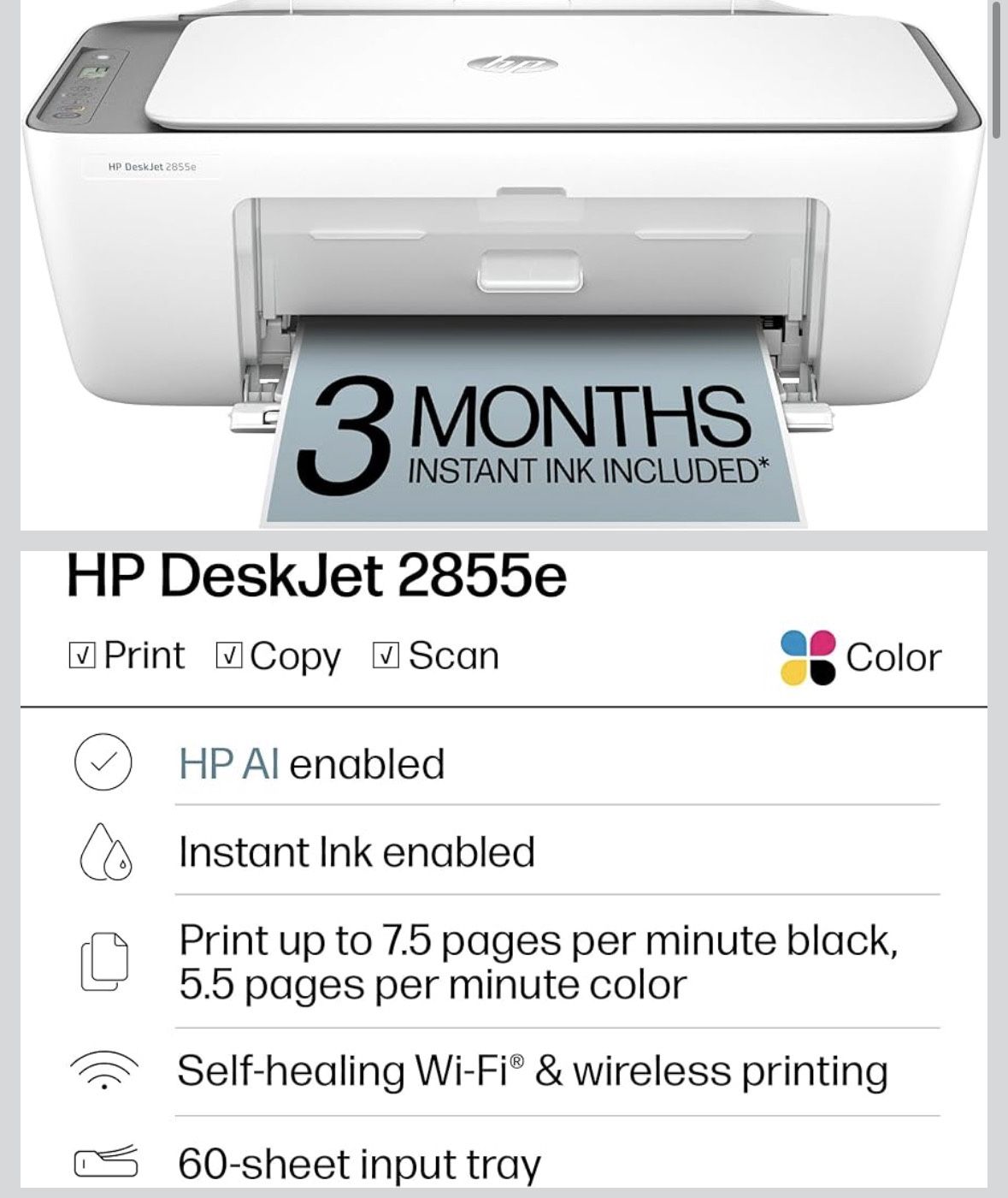 New HP DeskJet 2855e Wireless All-in-One Color Inkjet Printer, Scanner, Copier, Best-for-home, 3 month Instant Ink trial included, AI-enabled (588S5A)