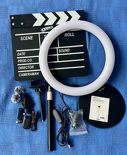 UBeesize 12" Desk Ring Light kit, dual wireless lapel microphone kit And a film clapperboard