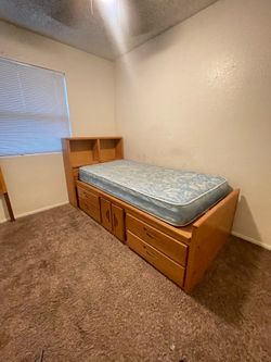 Twin bed frame with bookshelf and drawers plus mattress