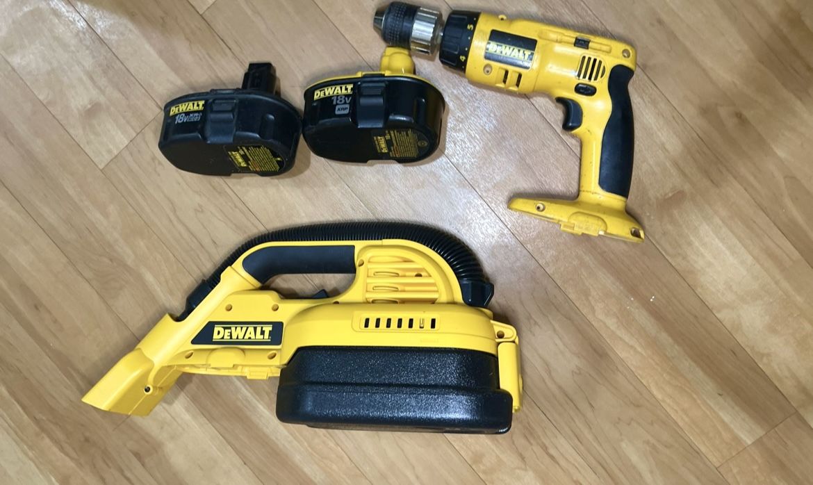Dewalt Power Drill, Wet/Dry Vac, 2 Batteries