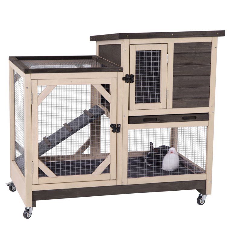 Aivituvin Outdoor Rabbit Hutch Indoor Bunny Cage-Coffee with Pull out Tray