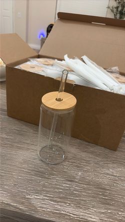 Glass Cups with Straw & Bamboo Lid (6)