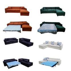NEW 9x5ft Sectional Chaise And 5x9ft Sectional WITH SLEEPER. Velvet GINGER ,VELVET  EVERGREEN, VALERIE BIRCH FABRIC AND BLACK./ More Color FABRIC Avai