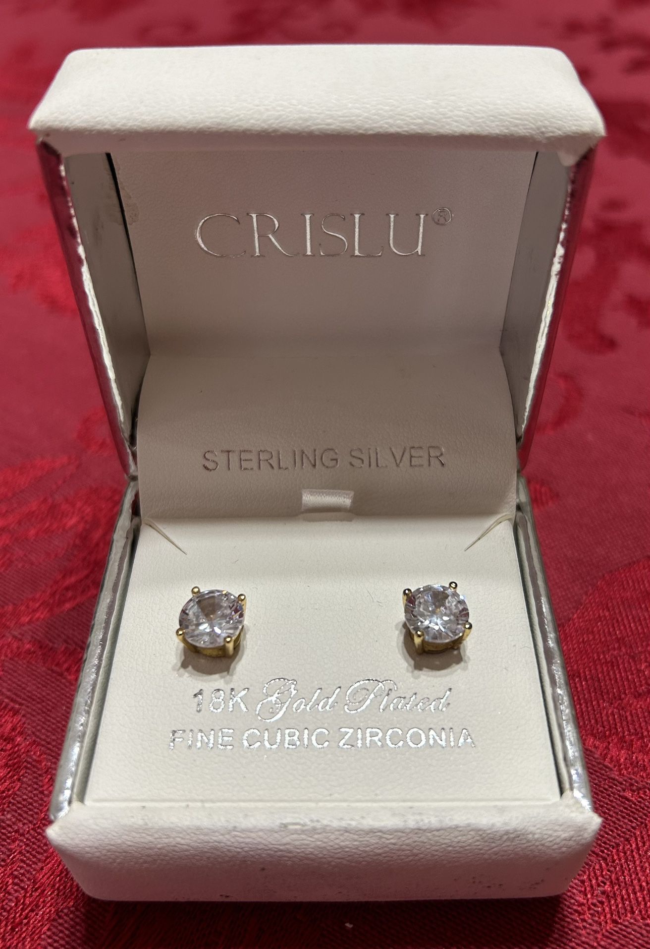 NIB CRISLU Cubic Zirconia Stud Earrings~Sterling Silver 18k Gold Plated