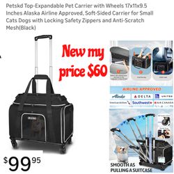 New Petskd Top-Expandable Pet Carrier with Wheels 17x11x9.5 Inches Alaska Airline Approved, Soft-Sided Carrier for Small Cats Dogs with Locking Safety