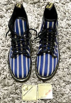 Rare Dr Martens 1460 8 Hole Blue Denim Fabric Striped Vegan Boots ENGLAND Size 8