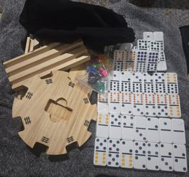 Mexican Train Dominoes Set, Double 12 Dominos. Wooden With Travel Bag. 